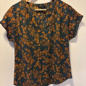 Banana Republic Teal & Orange Print Short Sleeve Blouse Size Small